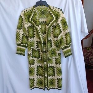 Handmade Crochet Granny Square Duster sz Med Cream & Green, Pockets